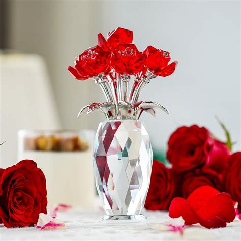 Amazon.com: Red Crystal Rose Flower Figurine with Base,Glass Flower Bouquet Gifts for Women ...
