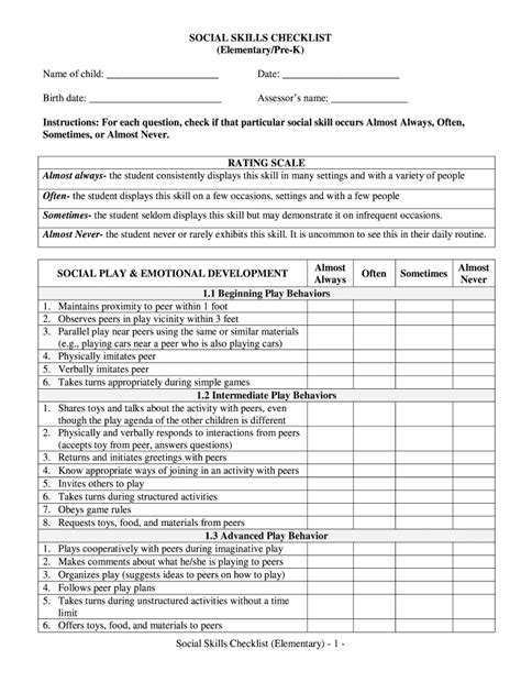 Social Skills Checklist Form - Fill Online, Printable, Fillable, Blank ...