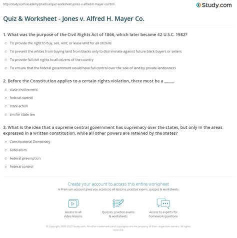 Quiz & Worksheet - Jones v. Alfred H. Mayer Co. | Study.com