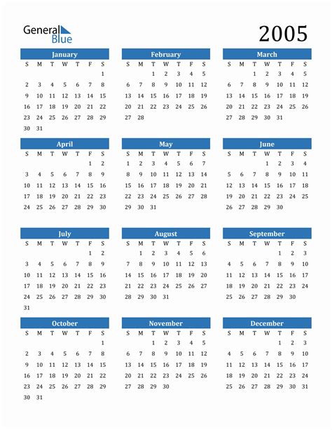 Free 2005 Calendars in PDF, Word, Excel