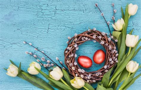 Wallpaper holiday, eggs, Easter, tulips, wreath, Verba for mobile and ...