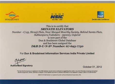 Srinath Elevators - Manufacturer from India | Certificates