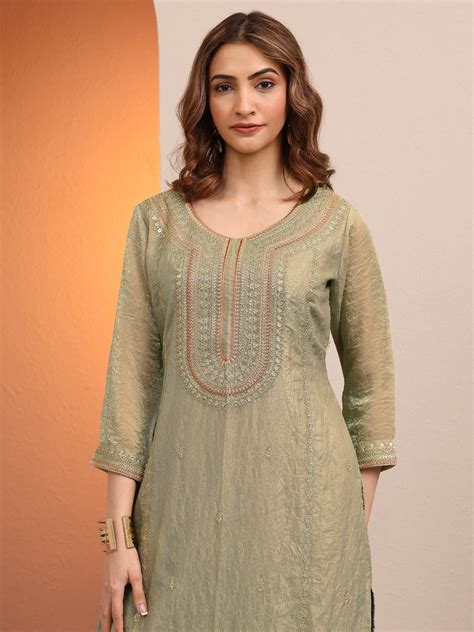 Buy Libas Green Embroidered Organza Straight Suit Set With Dupatta ...