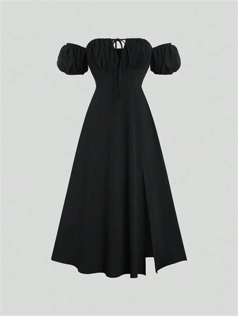 Sweetra Tie Off Shoulder Puff Sleeve Bodycon Dress With Textured Fabric ...