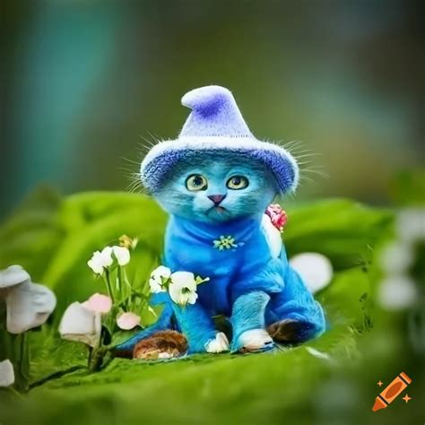 Cute blue cat kitten in smurf attire in a magical woodland on Craiyon
