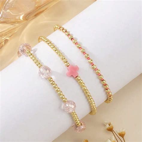 3Pcs/Set French Elegant Bohemian Style Pink Cross Pink Rice Bead ...