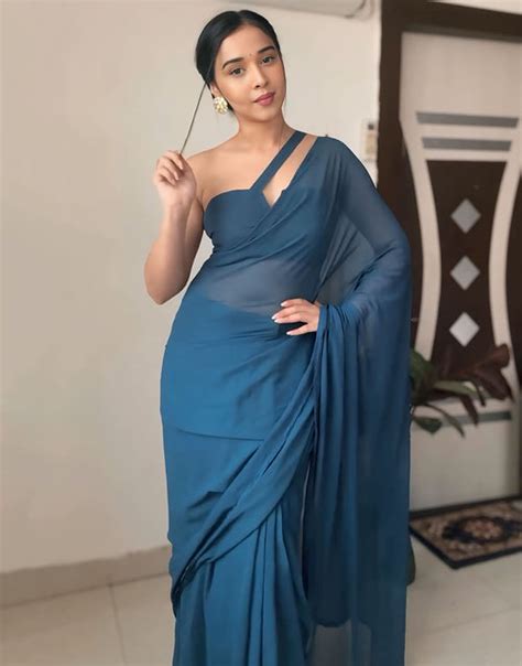 Navy Teal Blue Pure Soft Georgette Ready To Wear Saree – Sareewave