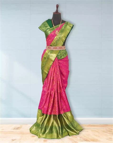 Dark Pink Floral design Kanchi Pattu Pure Silk Saree – South India ...