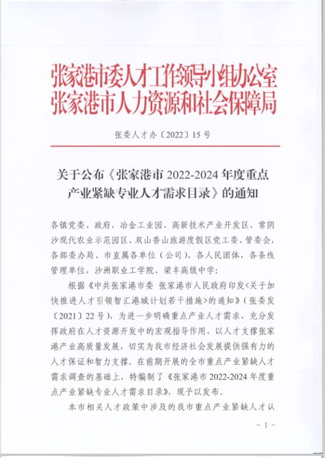 关于公布《张家港市2022-2024年度重点产业紧缺专业人才需求目录》的通知