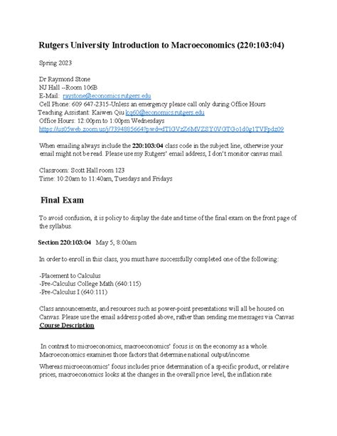 Macro Syllabus Spring 2023-section 4-2 - Rutgers University Introduction to Macroeconomics - Studocu