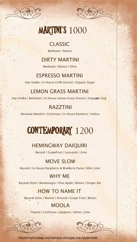 Menu at Zing rooftop, Chennai