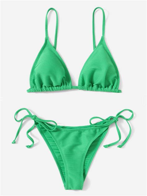 Sweetra Summer Beach Ribbed Bikini Set Tie Back Triangle Bra Top & Tie ...