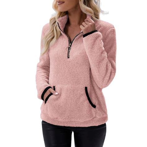 Fleece Quarter Zip Pullover Women Baggy Sherpa Half Zipped Sweatshirts ...