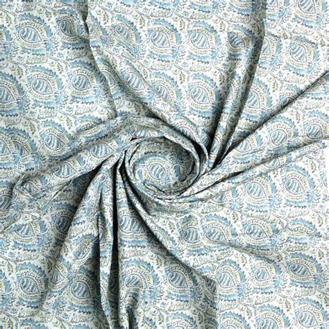 Digital Printed Pure Cotton Fabric - Blue & White Paisley, Unstitched ...