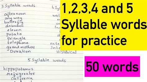 1,2,3,4 and 5 syllable words for kids practice - YouTube