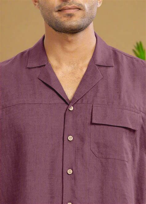 Oversized Twilight Purple Linen Cuban Collar Short Sleeve Shirt With ...
