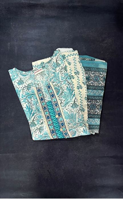 Off White/Turquoise Blue Floral Kurti With Pant And Dupatta Set .Pure ...