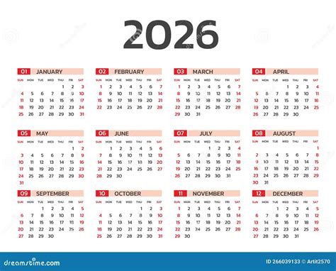 Calendário 2026 Ano Conjunto De Ilustrações Vetoriais De 12 Semanas De ...