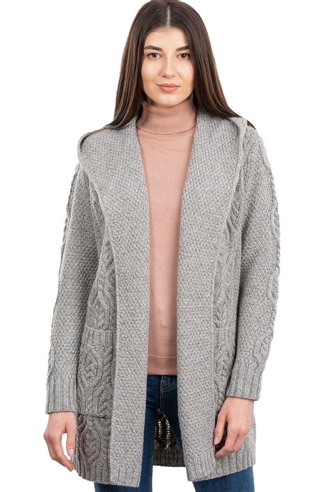 SAOL Aran Long Hooded Cardigan Sweater 100% Premium Merino Wool Women`s ...