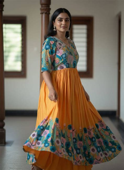 Mustard Floral Printed Maslin Gown with Khatli Handwork | Elegant ...