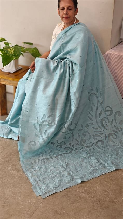 Powder blue applique designed saree – Beads N Borders