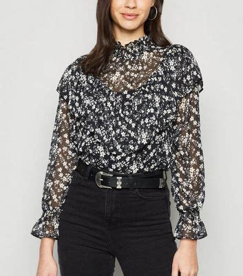 Black Chiffon Floral Shirred Neck Ruffle Blouse | New Look