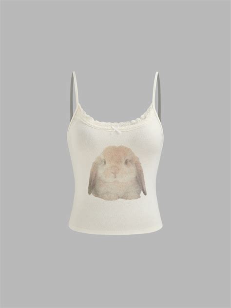 Knit Fabric Scoop Neckline Rabbit Graphic Bowknot Lace Trim Cami Top ...