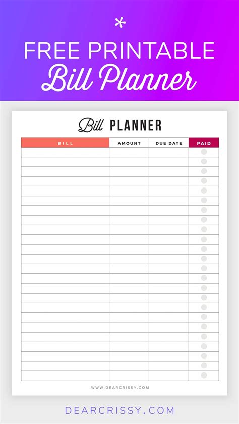 Organizer Free Printable Monthly Bill Payment Log