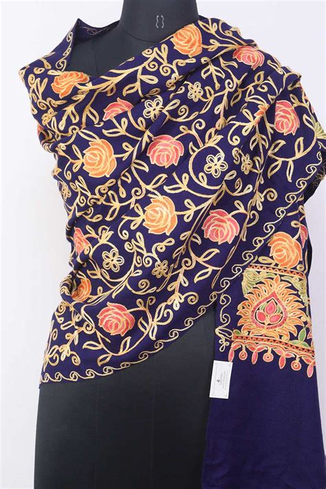 Blue Kashmiri Aari Work Woollen Stole: Exquisite Embroidery