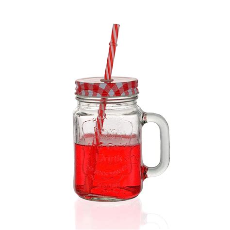 Buy Satyam Kraft Glass Mason Jar With Folding Straw - 500 Ml (Red ...