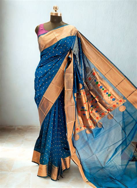 Teal blue blended fabric saree – OnlyPaithani