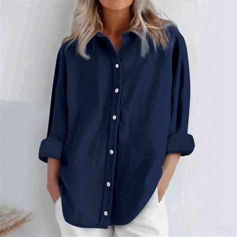 Blue Women Shirts, Womens Daily Casual Linen Shirts Long Sleeve Shirts ...