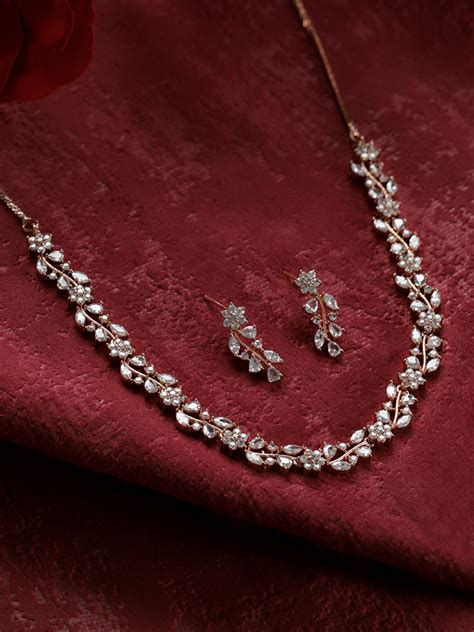 Priyaasi Floral Leaf AD Rose Gold-Plated Jewellery Set