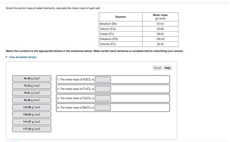 Solved Given the atomic mass of select elements, calculate | Chegg.com