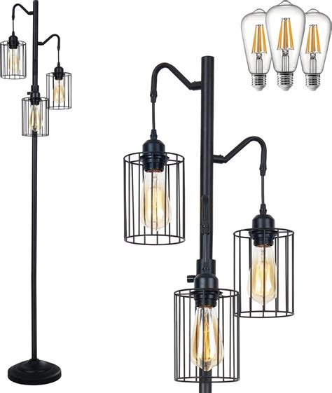COFF Industrial Floor Lamp, 3 x 1200LM Edison LED Bulbs Included ...