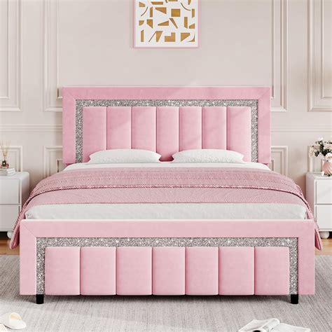 Amazon.com: HOMBCK Full Size Bed Frame, Pink Velvet Upholstered Bed ...
