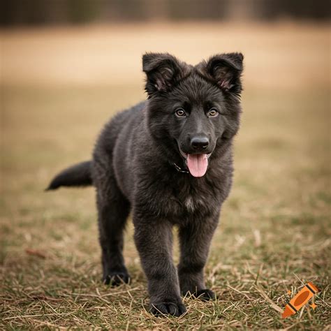 Black German Shepherd puppy standing in a field, looking at the camera ...