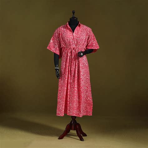 Pink Hand Block Batik Print Cotton Long Kaftan