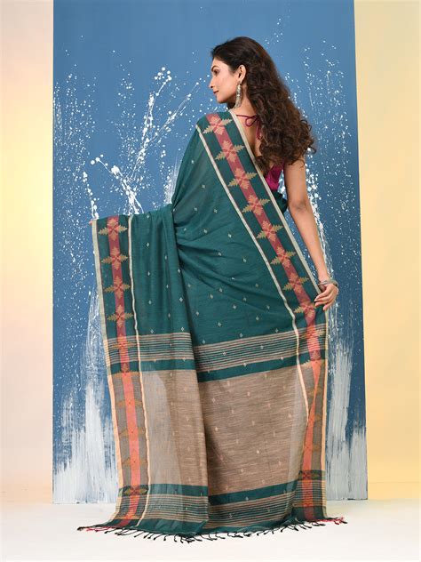 Teal Ethnic Motifs Cotton Handspun Soft Saree – Charukriti