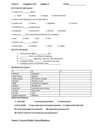 Image result for Grade 6 Worksheet for Computer Science