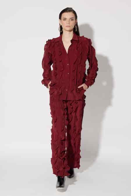 Buy Maroon Crepe Ruffle Collared Jolene Detailed Shirt With Pant For ...
