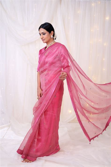 Zari Organza Saree - Pink Carnation – Bagh India