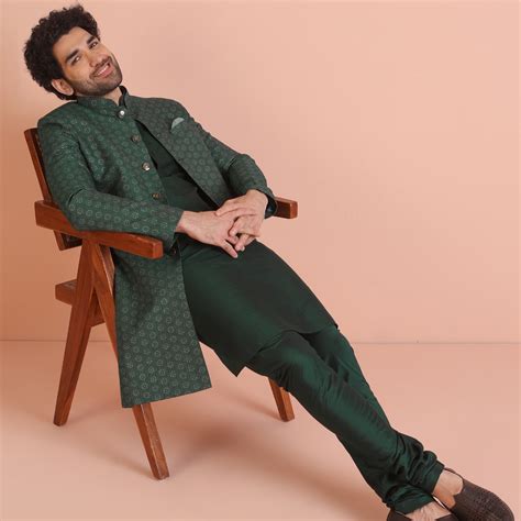 Men Green Textured Silk Blend Jacquard Kurta Indowestern Churidar Set ...