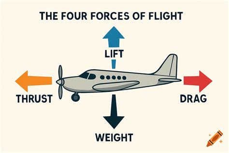 Diagram showing the four forces of flight: thrust, drag, lift, and ...