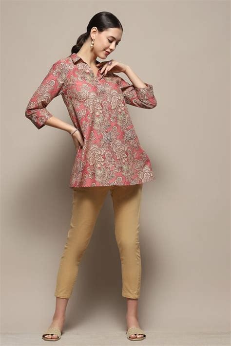 Rust Cotton Floral Printed A-Line Shirt Style Kurti at Biba India