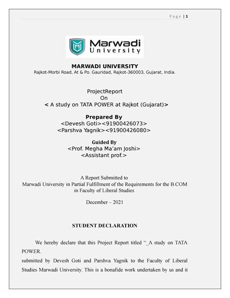 Tata Power Project reportnew report - MARWADI UNIVERSITY Rajkot-Morbi ...