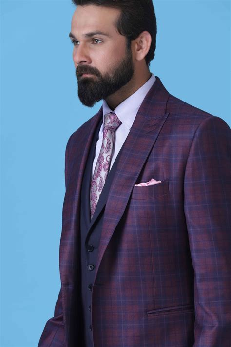 Classy Wine Checked 3 Piece Suit– Brahaan by Narains