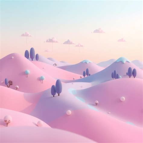 Pastel pink and blue 3d landscape with trees clouds and a stream ...