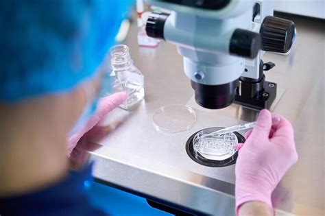 Caucasian doctor handling sample under microscope in laboratory setting ...