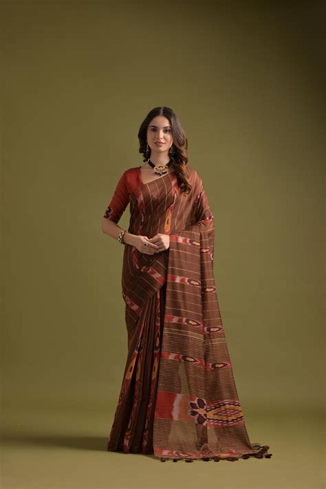 Buy Wood Brown Soft Ikkat Cotton Woven Saree Online - MySilkLove